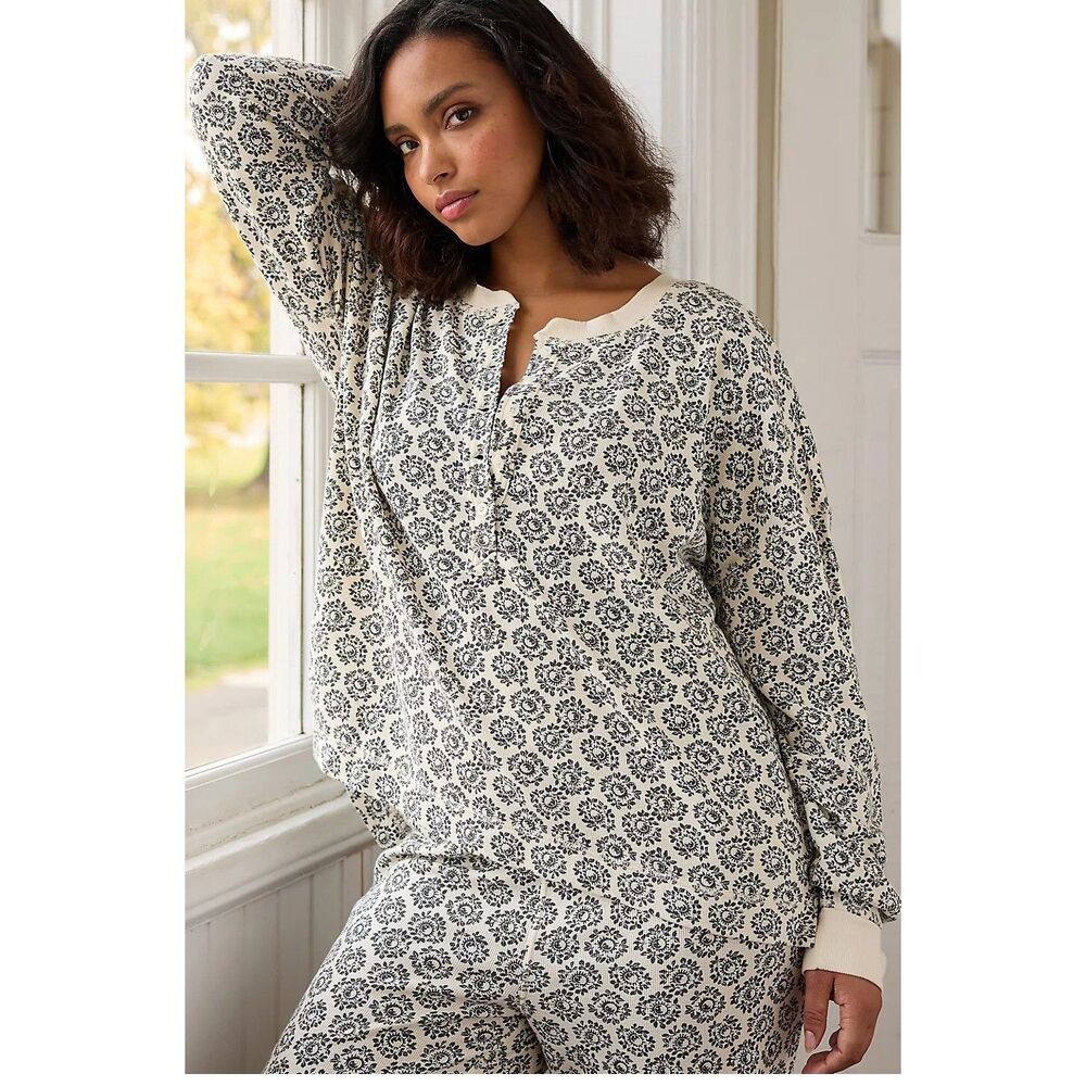 By Anthropologie Long-Sleeve Waffle Knit Pyjama Tunic Top Floral Print S 277734